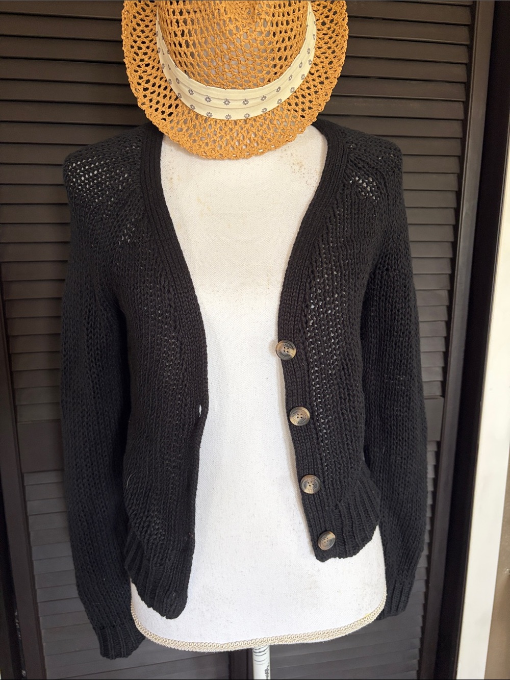 American Eagle Outfitters Black Open-Weave Button Cardigan